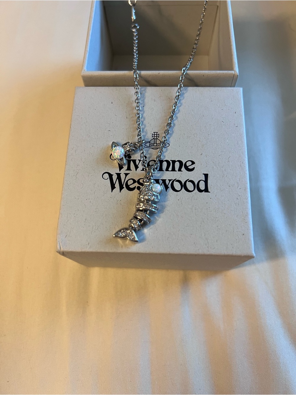 Vivienne Westwood Lyall Silver Fishbone Charm Necklace with Orb Detail - Picture 2 of 7